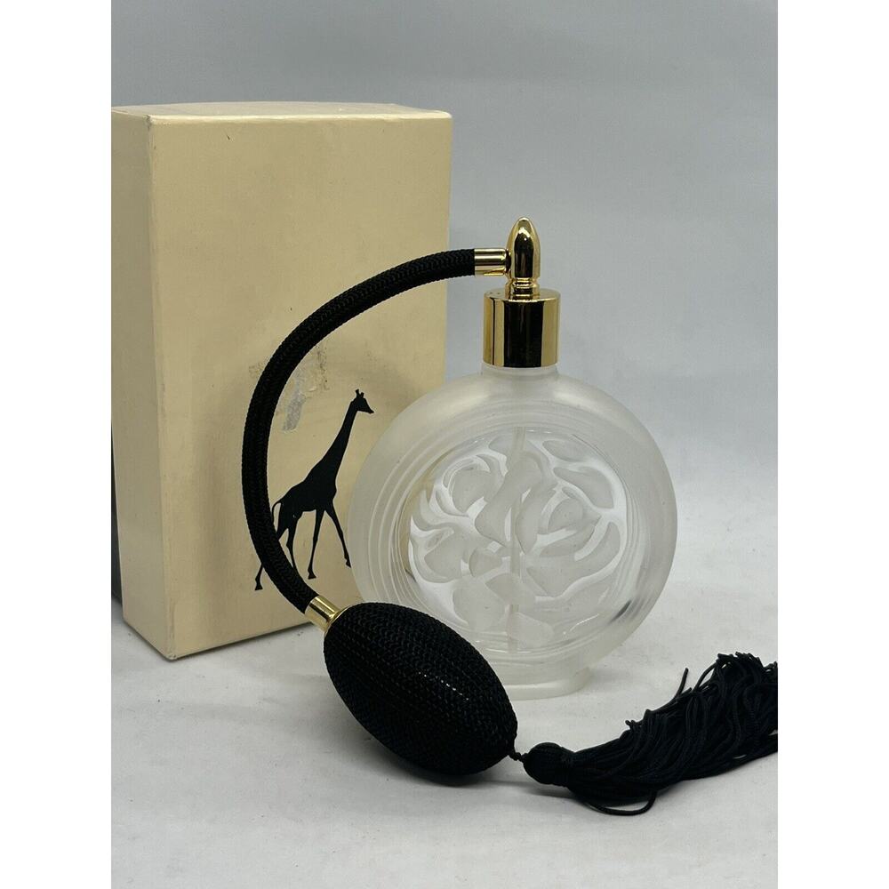 Vintage Heavy Solid Glass Flat Round Etched Cut Rose Perfume Bottle Atomizer